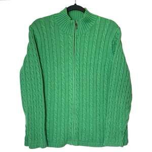 L.L. Bean Women's Green Cable Knit Full Zip Sweater Cardigan Cotton Size 1X